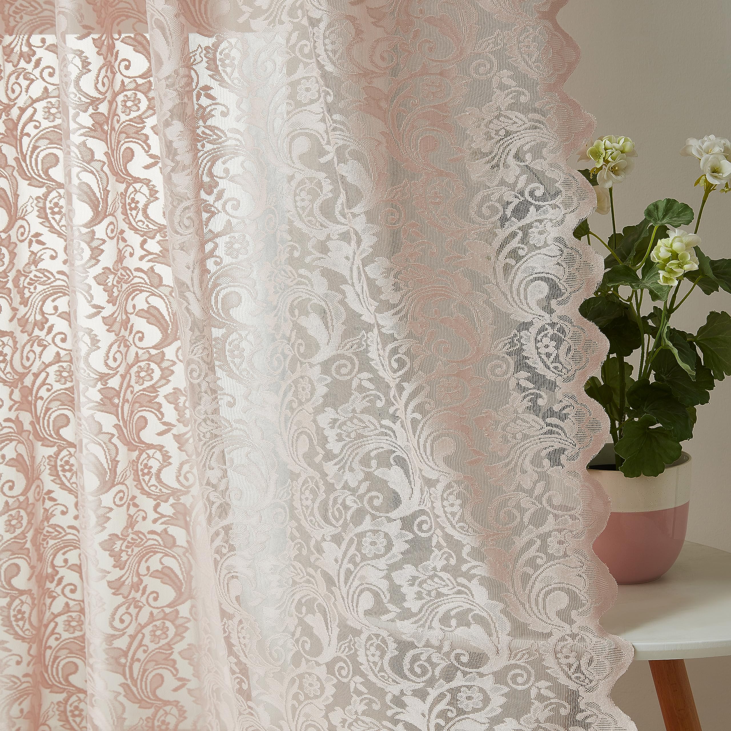 Bujasso Pink Lace Sheer Curtains 108 inch Vintage Floral Sheer Window Curtain Panels for Living Room Bedroom Elegant Light Filte