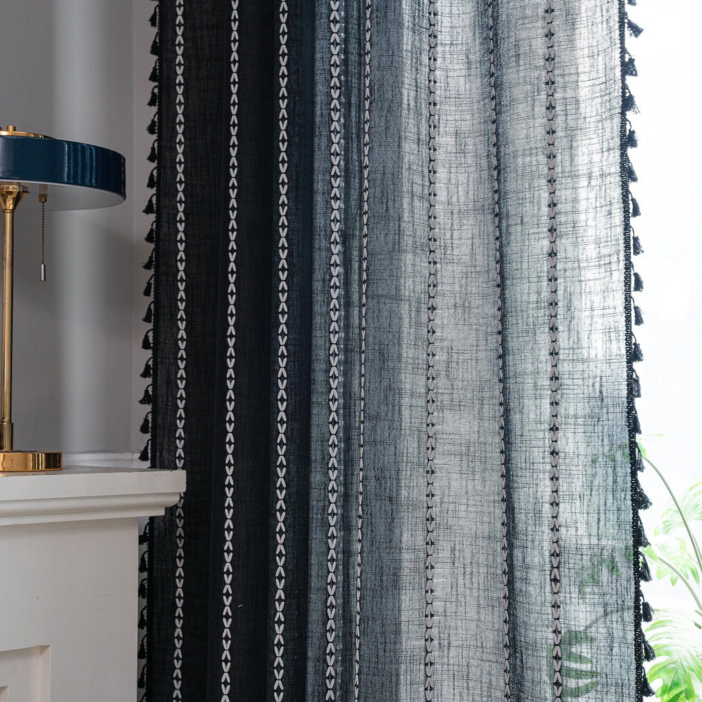 Sutuo Home Boho Curtain For Bedroom, Semi Blackout Linen Farmhouse Shabby Chic Tassels Window Treatment Bohemian Embroidery Drap