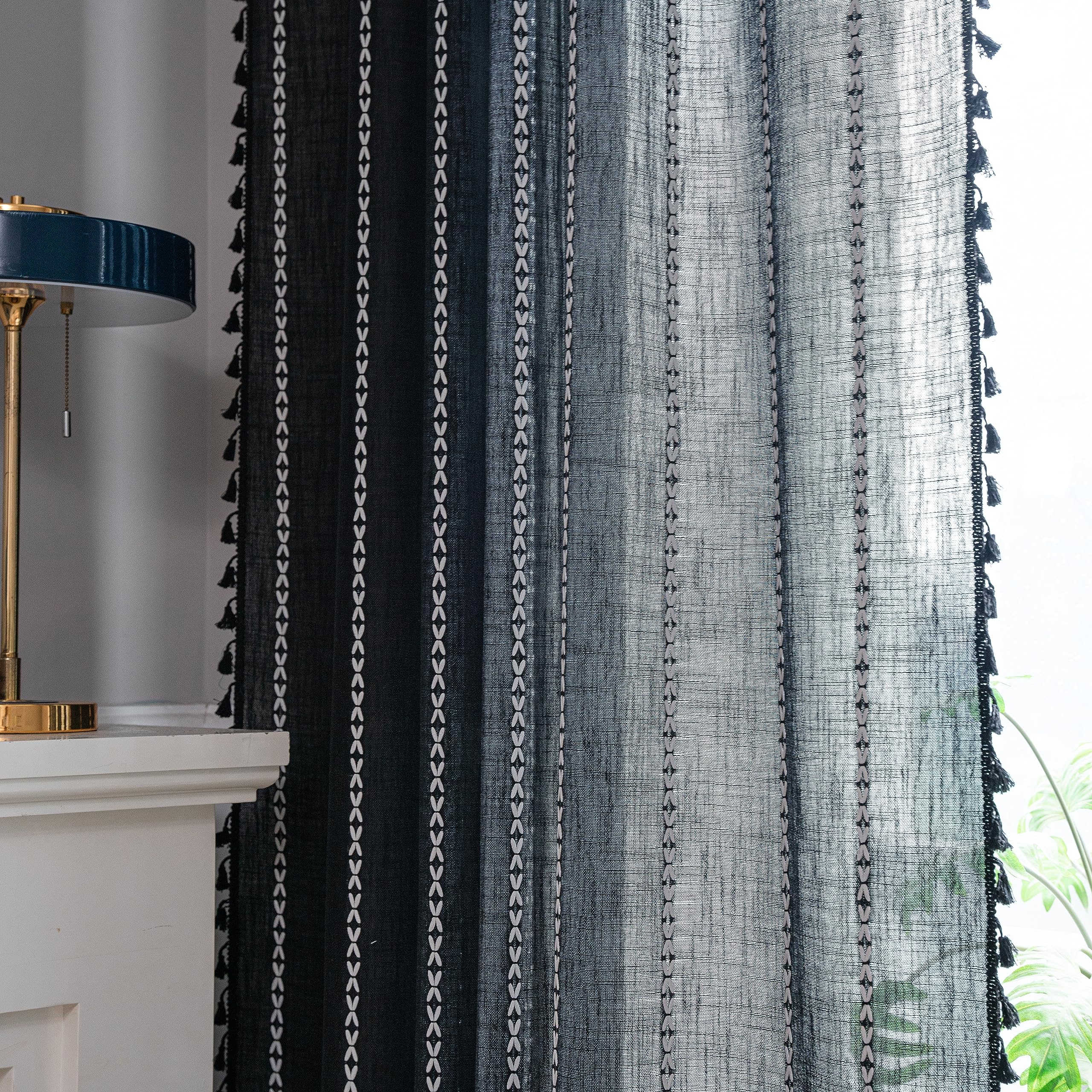 Sutuo Home Boho Curtain For Bedroom, Semi Blackout Linen Farmhouse Shabby Chic Tassels Window Treatment Bohemian Embroidery Drap
