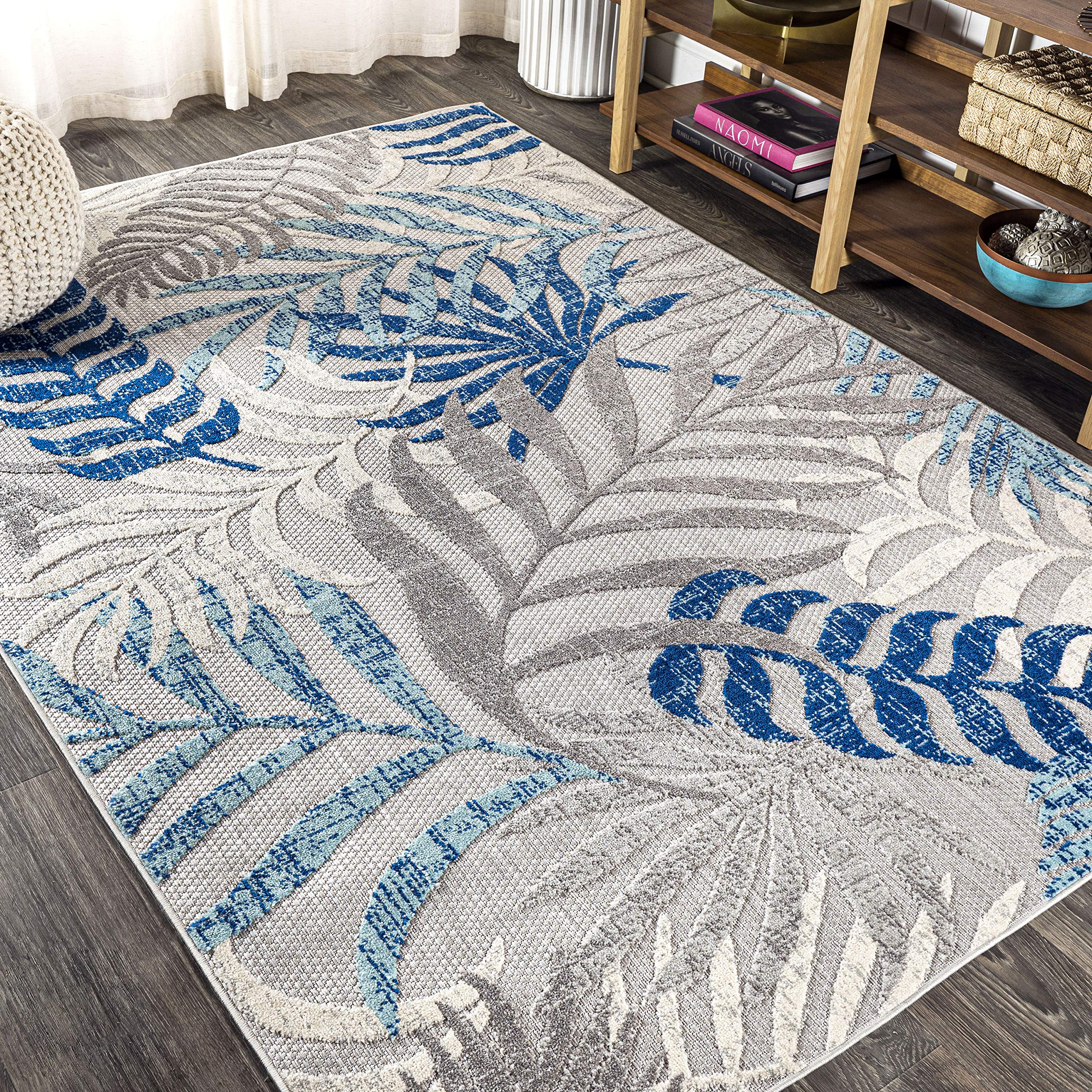 Jonathan Y Amc100A-3 Tropics Palm Leaves Indoor Outdoor Area-Rug Bohemian Floral Easy-Cleaning High Traffic Bedroom Kitchen Backyard Patio Porch Non Shedding, 3 X 5, Gray/Blue