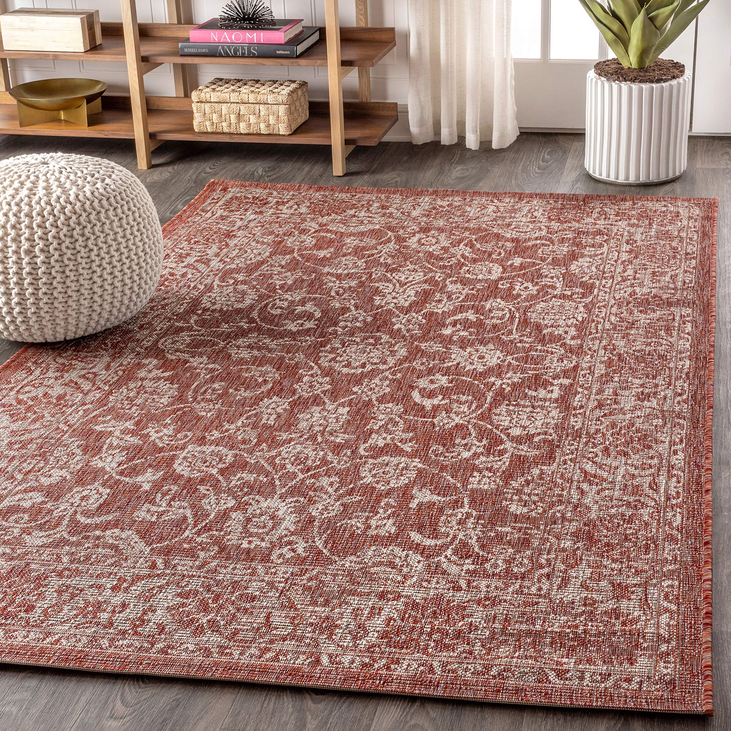 Jonathan Y Smb100A-8 Tela Bohemian Textured Weave Floral Indoor/Outdoor Red/Taupe 8 Ft. X 10 Ft. Area-Rug, Coastal,Easy-Cleaning,Hightraffic,Livingroom,Backyard, Non Shedding