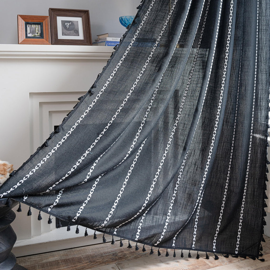 Sutuo Home Boho Curtain for Bedroom, Semi Blackout Linen Farmhouse Shabby Chic Tassels Window Treatment Bohemian Embroidery Drap