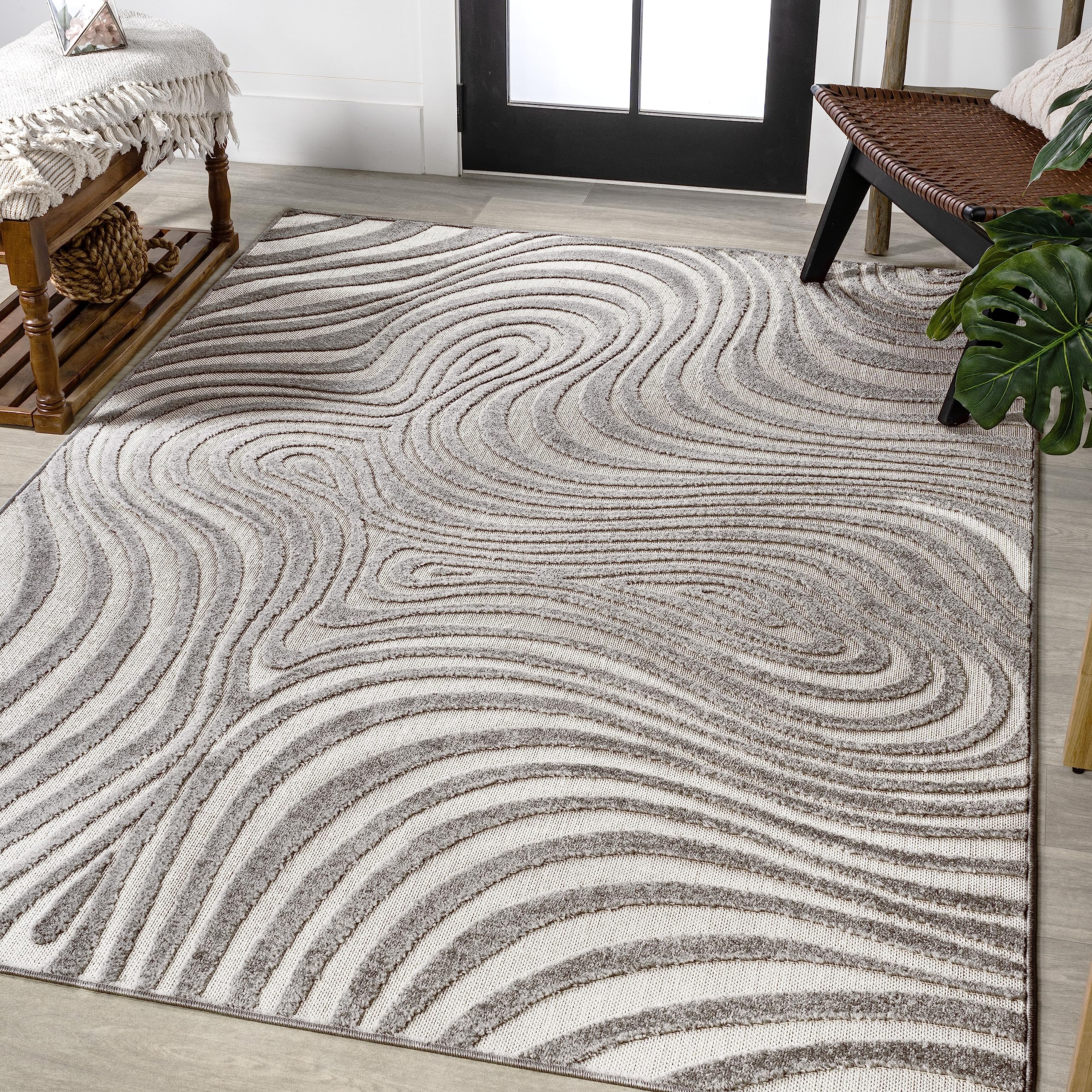 JONATHAN Y SCN103B-15 Maribo High-Low Abstract Groovy Striped Gray/Ivory 12 ft. x 15 ft. Indoor/Outdoor Area Rug, Pet Friendly, 