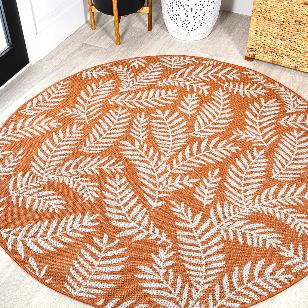 Jonathan Y Smb119E-5R Nevis Palm Frond Indoor Outdoor Area Rug, Coastal, Casual, Country Easy Cleaning,Bedroom,Kitchen,Backyard,Patio,Non Shedding, Orange/Cream, 5' Round