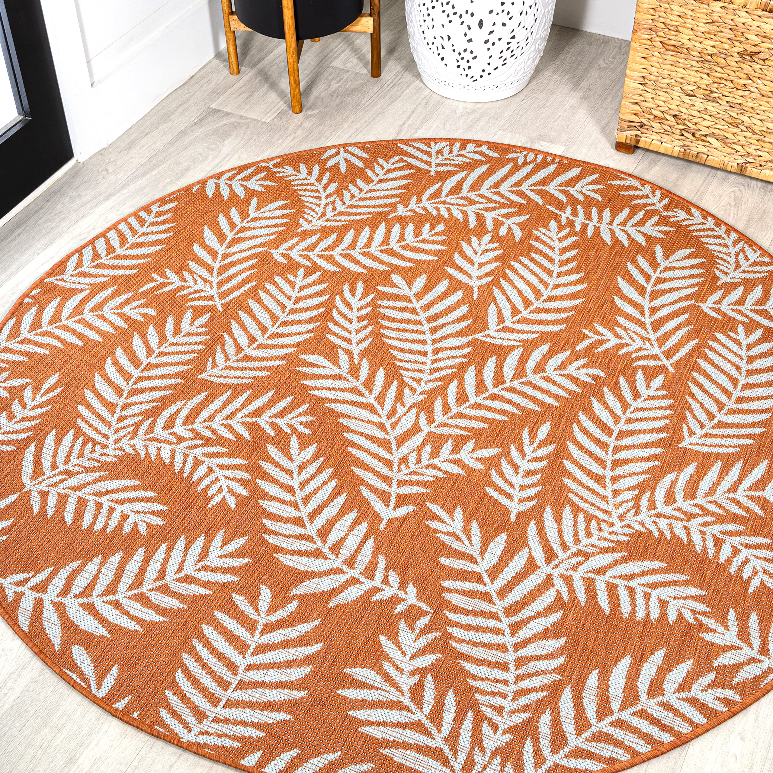 Jonathan Y Smb119E-5R Nevis Palm Frond Indoor Outdoor Area Rug, Coastal, Casual, Country Easy Cleaning,Bedroom,Kitchen,Backyard,Patio,Non Shedding, Orange/Cream, 5' Round