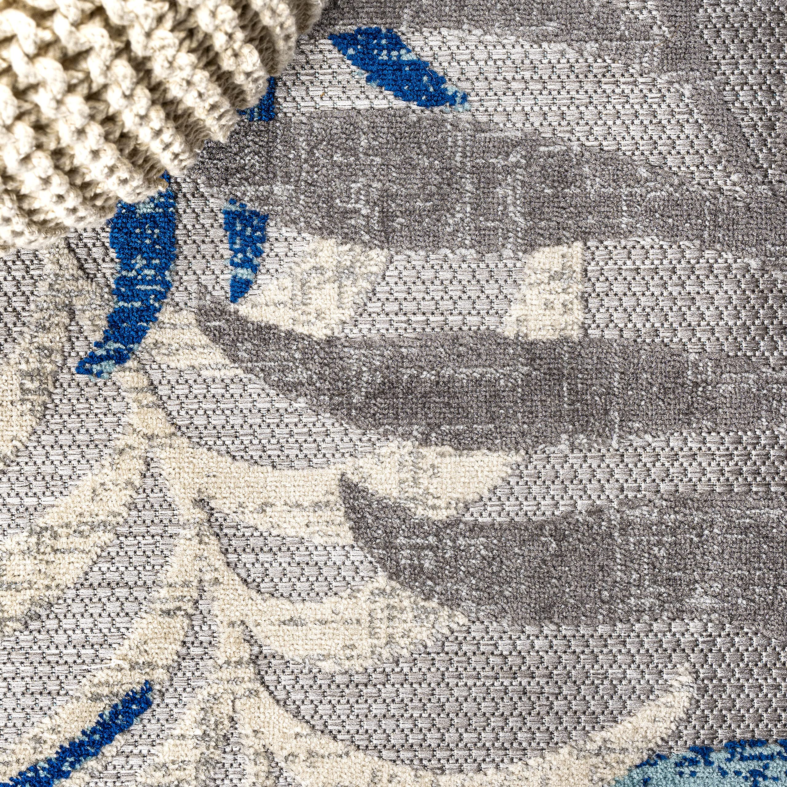 Jonathan Y Amc100A-5Sq Tropics Palm Leaves Indoor Outdoor Area-Rug Bohemian Floral Easy-Cleaning High Traffic Bedroom Kitchen Backyard Patio Porch Non Shedding, 5 Ft Square, Gray/Blue