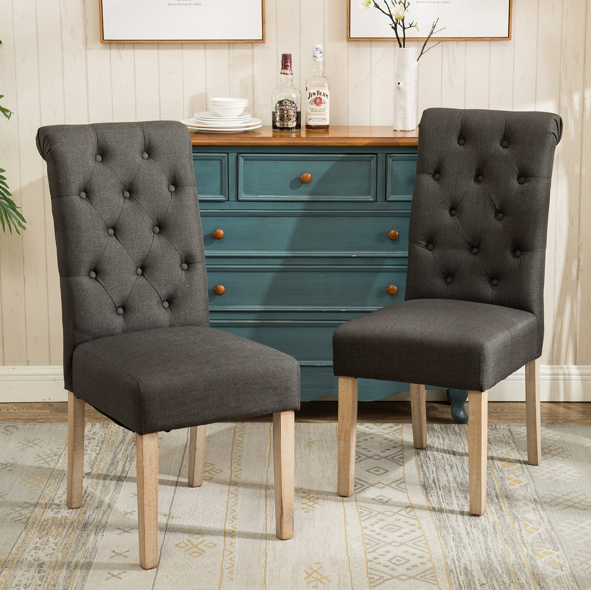 Habit Solid Wood Tufted Parsons Dining Chair, Set Of 2, Charcoal
