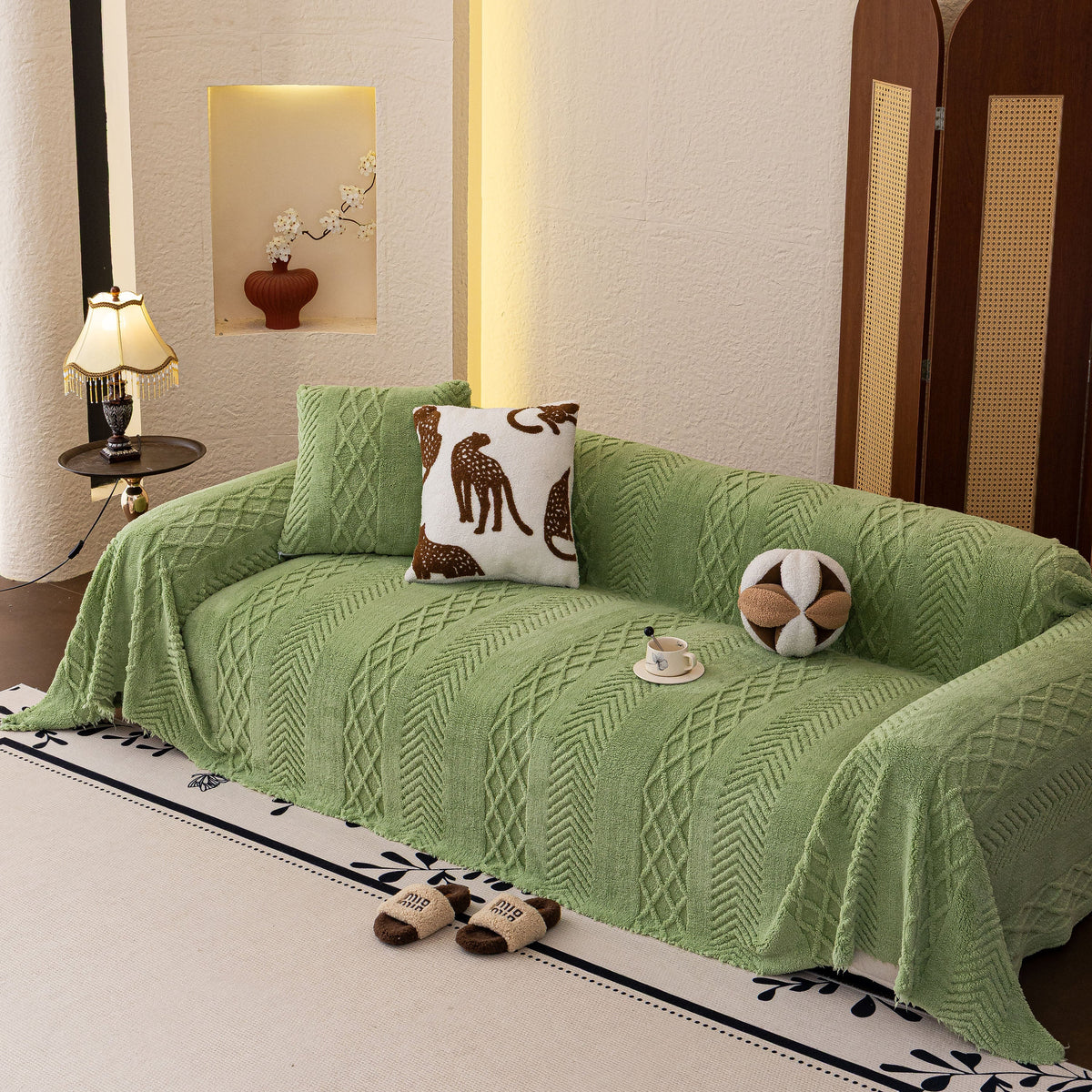 Plush Fleece Sofa Cover with 3D Cable Knit Texture Soft Cozy Warm Sofa Throw Blanket