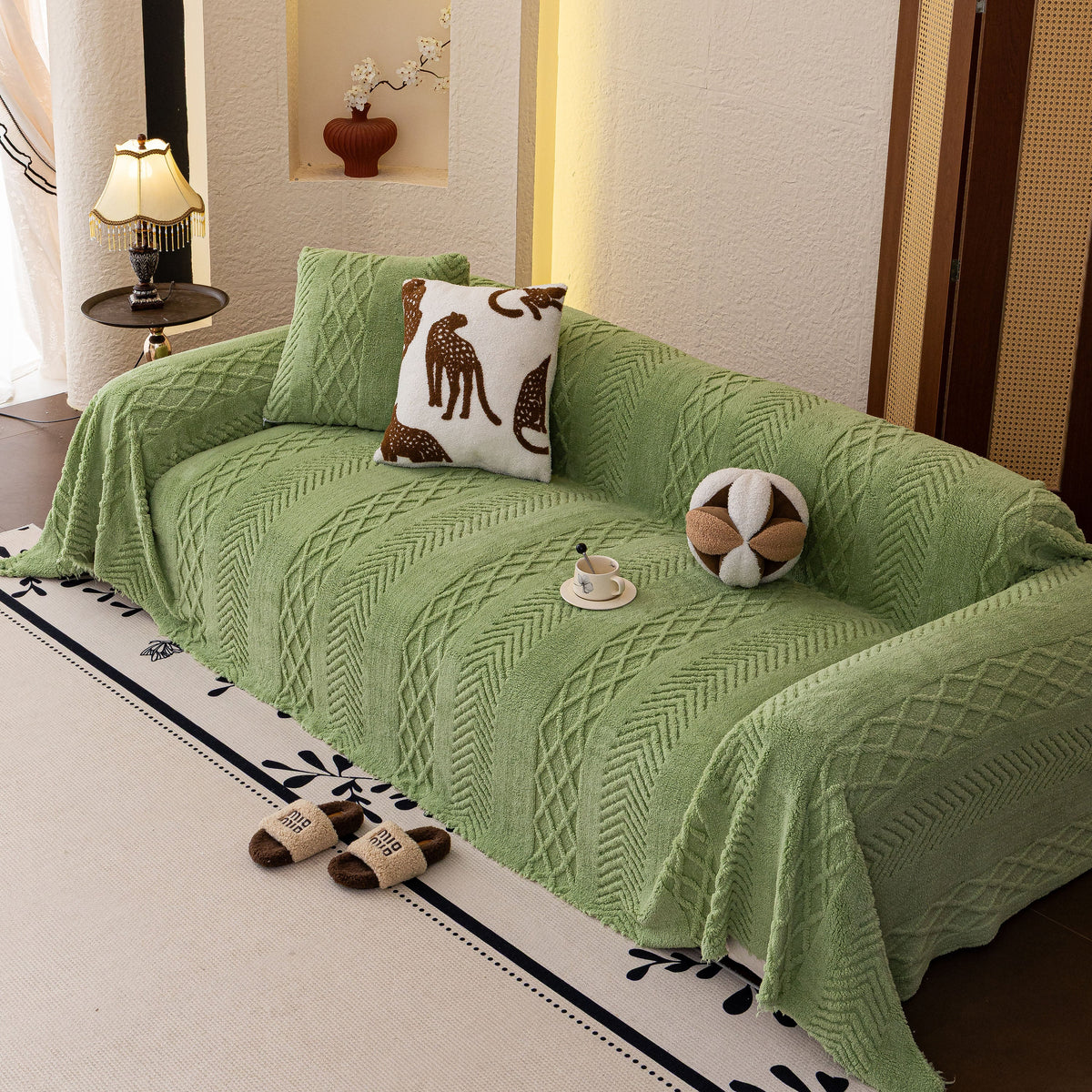 Plush Fleece Sofa Cover with 3D Cable Knit Texture Soft Cozy Warm Sofa Throw Blanket
