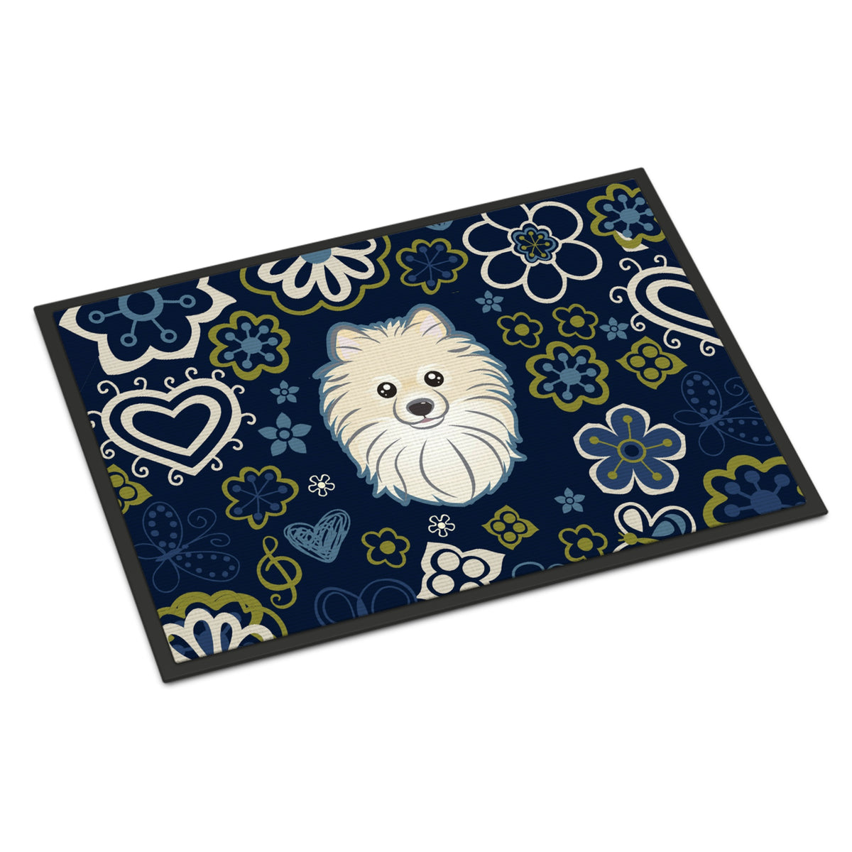 CarolineS Treasures Bb5058Mat Blue Flowers Pomeranian Indoor Or Outdoor Mat 18X27 Doormats, Multicolor