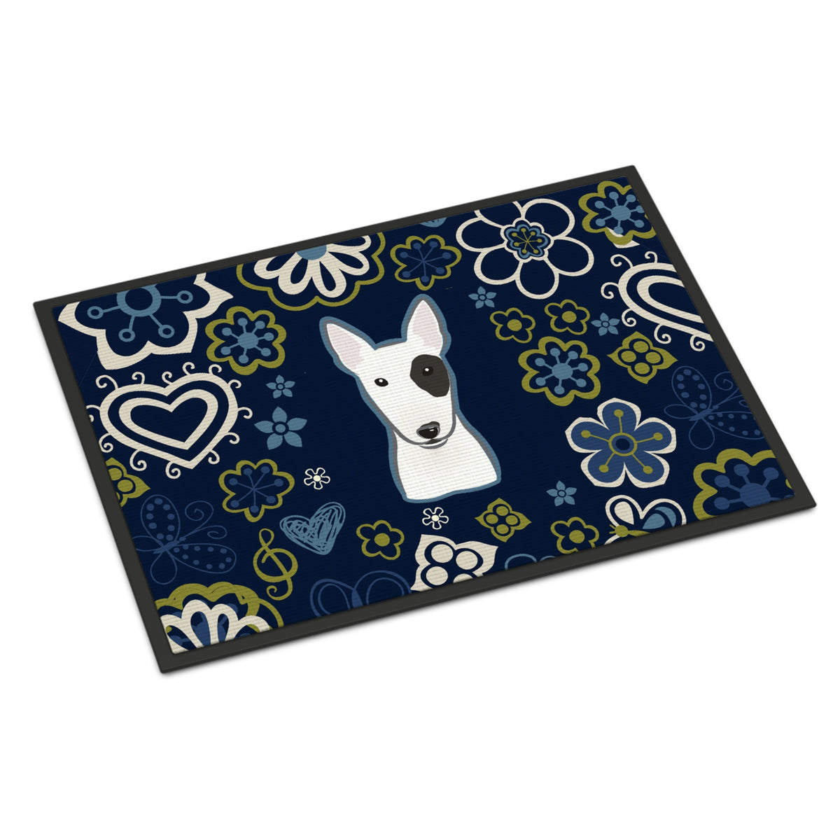 CarolineS Treasures Bb5060Jmat Blue Flowers Bull Terrier Indoor Or Outdoor Mat Doormat, Multicolor