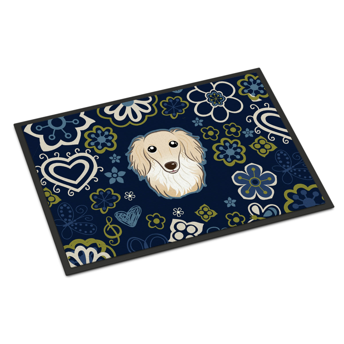 CarolineS Treasures Bb5063Mat Blue Flowers Longhair Creme Dachshund Indoor Or Outdoor Mat 18X27 Doormats, Multicolor