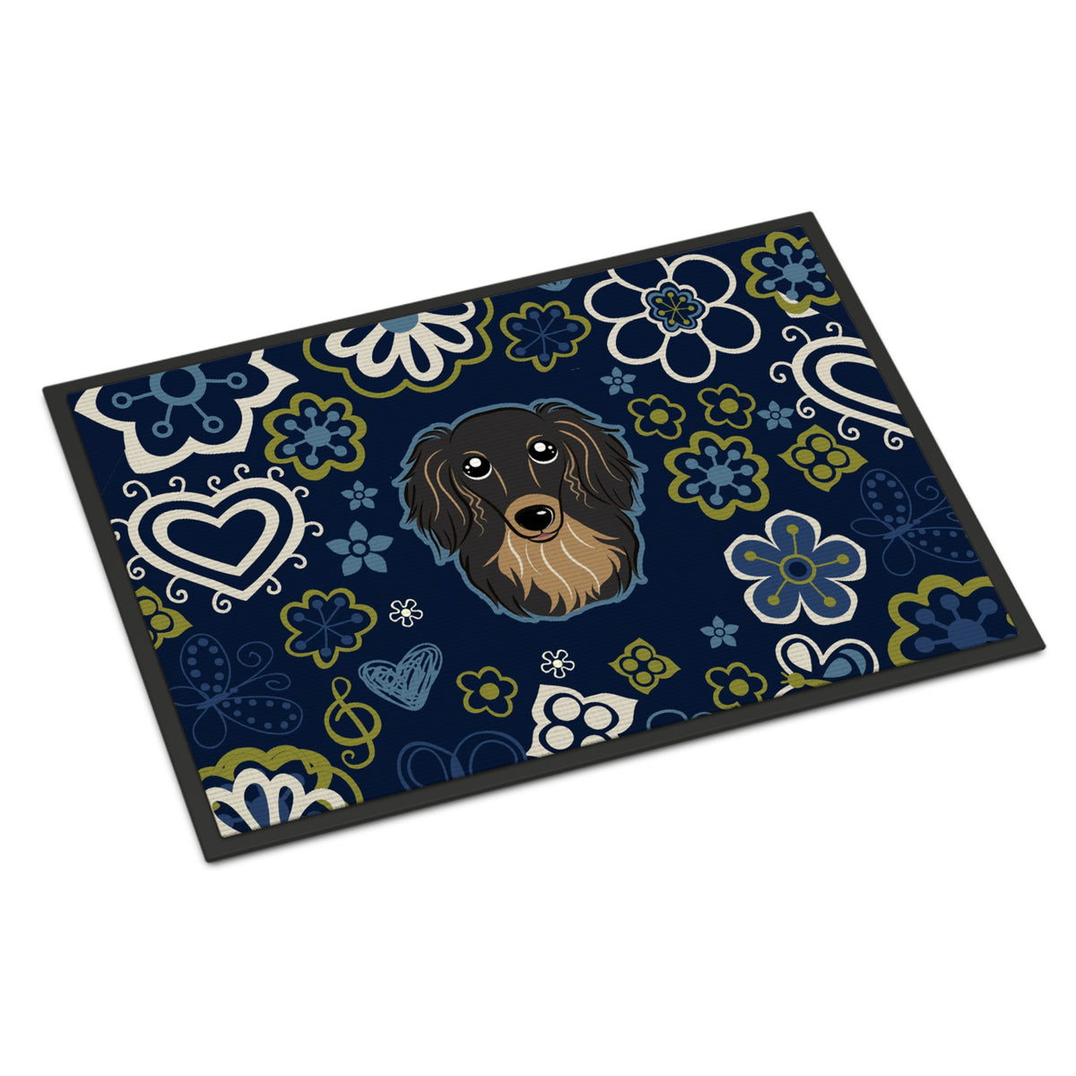 CarolineS Treasures Bb5064Jmat Blue Flowers Longhair Black And Tan Dachshund Indoor Or Outdoor Mat Doormat, Multicolor