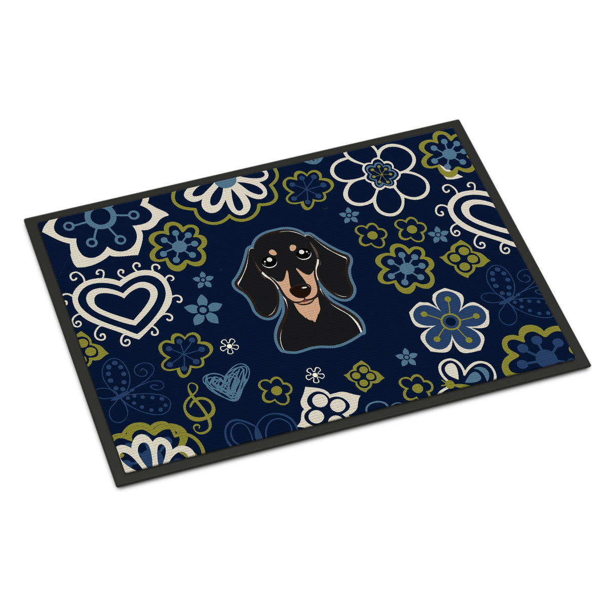 CarolineS Treasures Bb5066Jmat Blue Flowers Smooth Black And Tan Dachshund Indoor Or Outdoor Mat Doormat, Multicolor