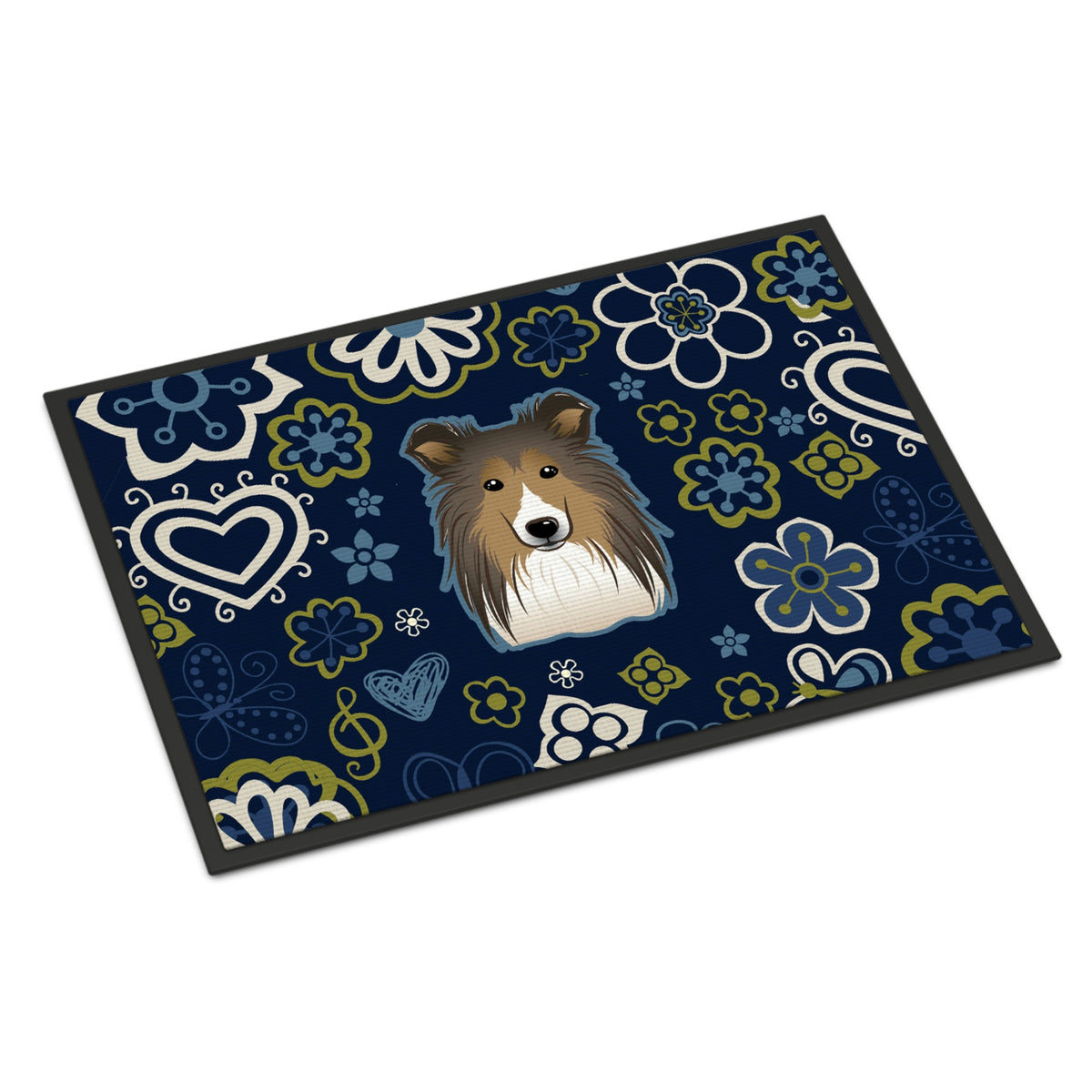 CarolineS Treasures Bb5093Mat Blue Flowers Sheltie Indoor Or Outdoor Mat 18X27 Doormats, Multicolor