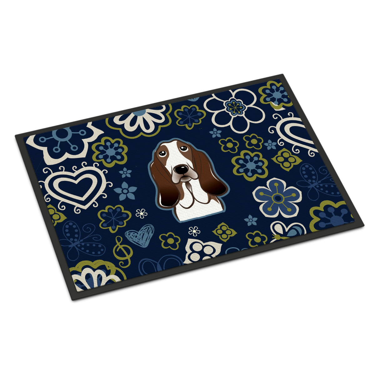 CarolineS Treasures Bb5094Mat Blue Flowers Basset Hound Indoor Or Outdoor Mat 18X27 Doormats, Multicolor