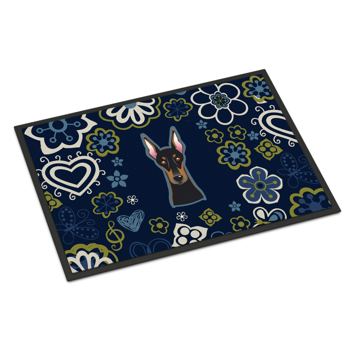 CarolineS Treasures Bb5096Mat Blue Flowers Doberman Pinscher Indoor Or Outdoor Mat 18X27 Doormats, Multicolor