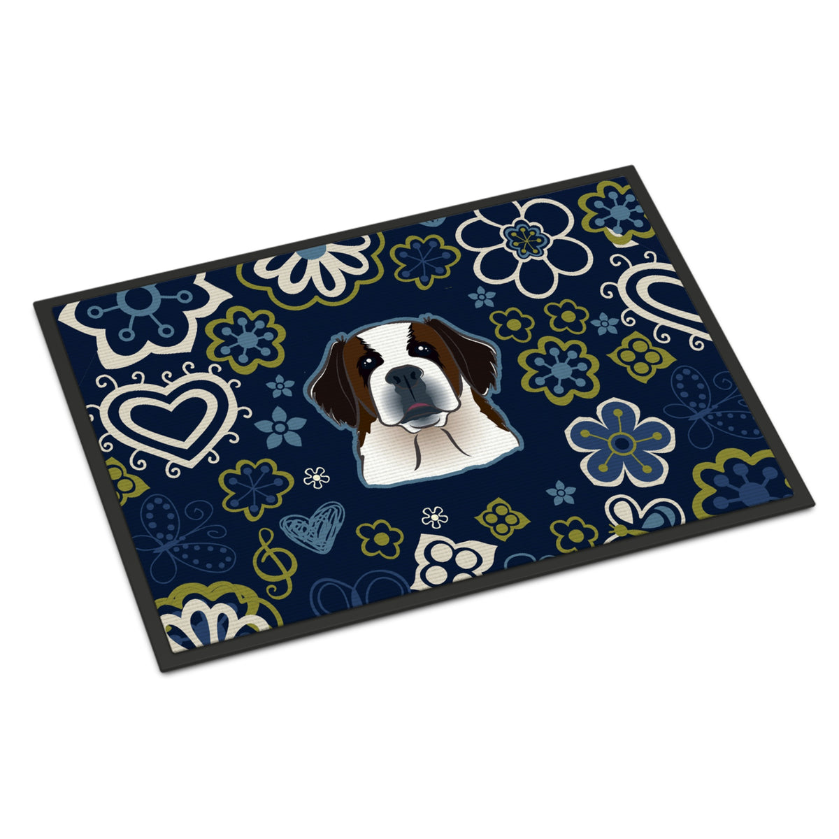 CarolineS Treasures Bb5097Mat Blue Flowers Saint Bernard Indoor Or Outdoor Mat 18X27 Doormats, Multicolor