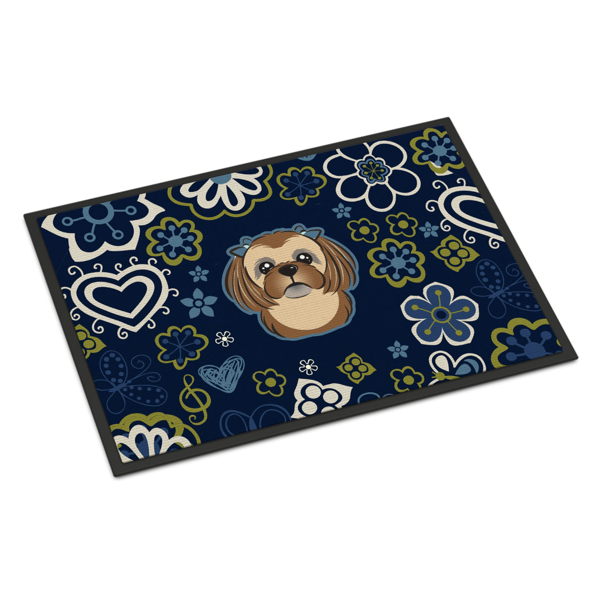 CarolineS Treasures Bb5100Mat Blue Flowers Chocolate Brown Shih Tzu Indoor Or Outdoor Mat 18X27 Doormats, Multicolor