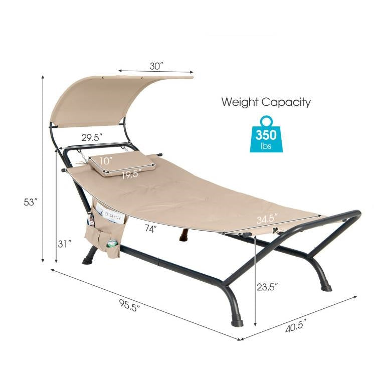 Beige Polyester Chaise Lounge Chair Hammock with Canopy and Storage Bag