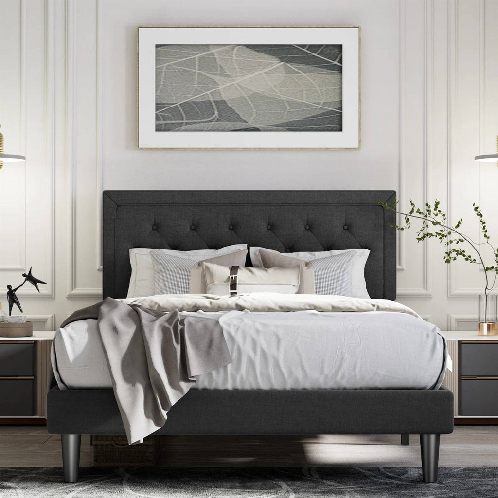 Full size Black Linen Upholstered Platform Bed with Button-Tufted Headboard