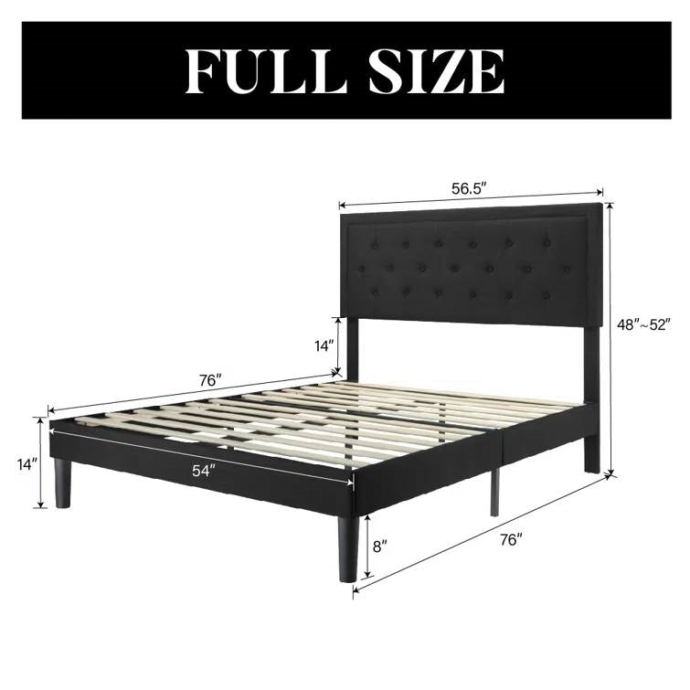 Full size Black Linen Upholstered Platform Bed with Button-Tufted Headboard