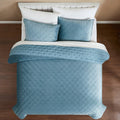 Full / Queen 3-Piece Blue Velvet Embroidered Lavishly Soft Quilt Set