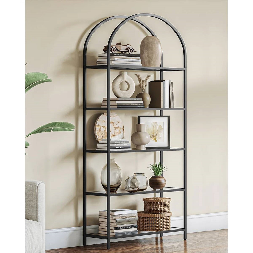 Modern Black Metal Arched Top Display Rack Bookcase with 5 Glass Storage Shelves