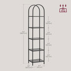 Arched Top Black Metal Display Rack Narrow Bookcase with 5 Glass Storage Shelves