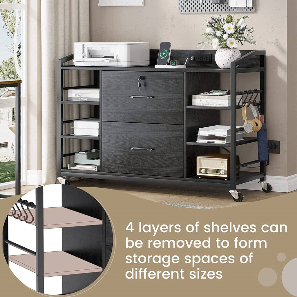 Black Printer Stand Bookcase Power Station Mobile Office File Cabinet