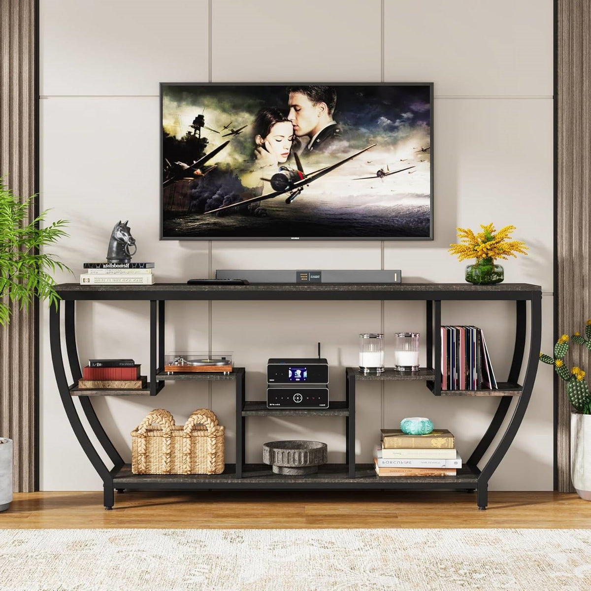 Modern Industrial 70-inch Long Narrow Console Sofa Table with Black Wood Shelves