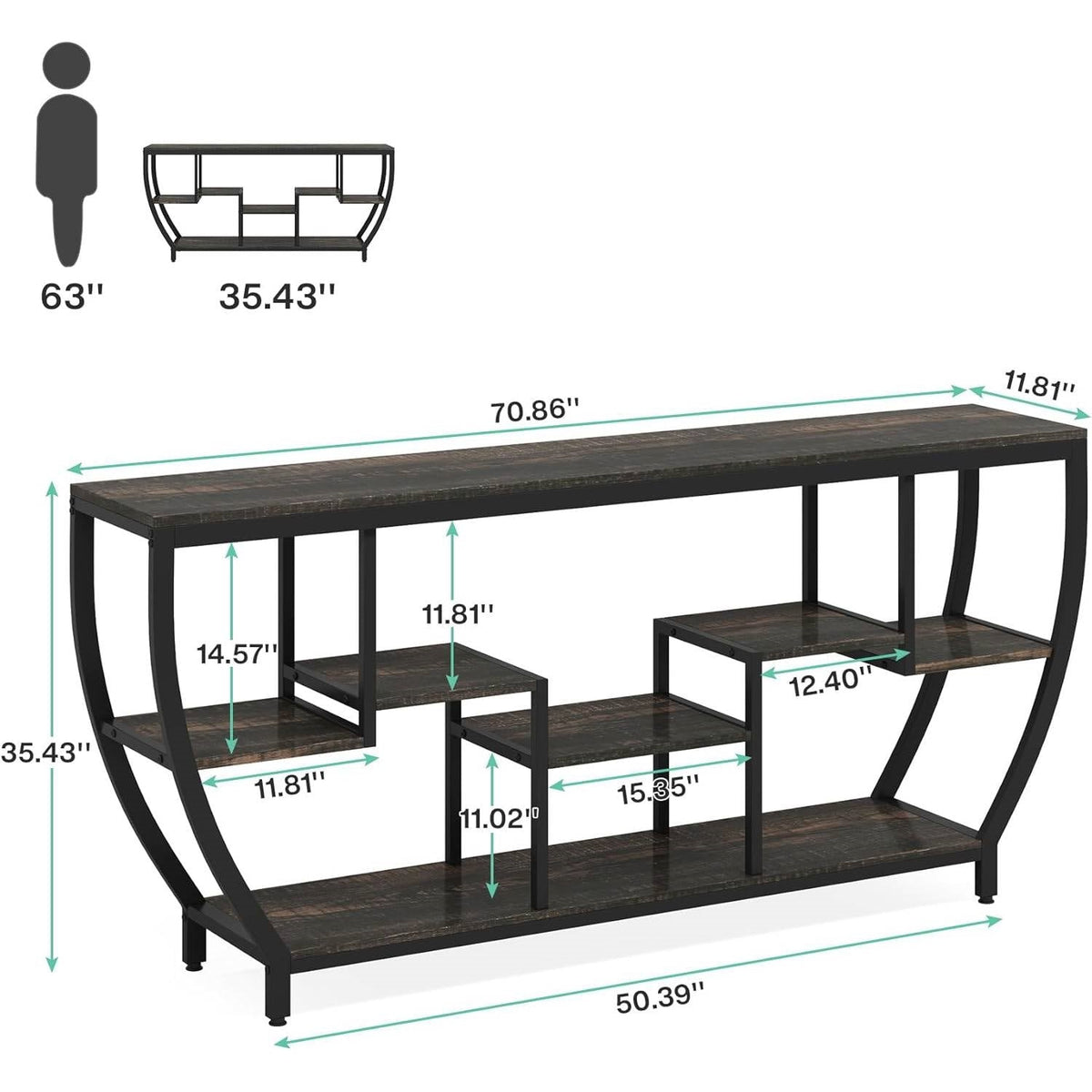 Modern Industrial 70-inch Long Narrow Console Sofa Table with Black Wood Shelves