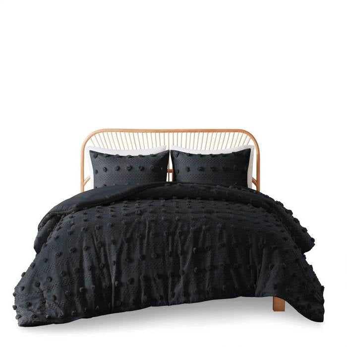 King/Cal King 3 Piece Pompom Microfiber Hypoallergenic Comforter Set in Black
