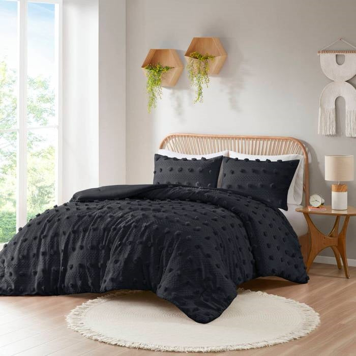 Full/Queen 3 Piece Pompom Microfiber Hypoallergenic Comforter Set in Black