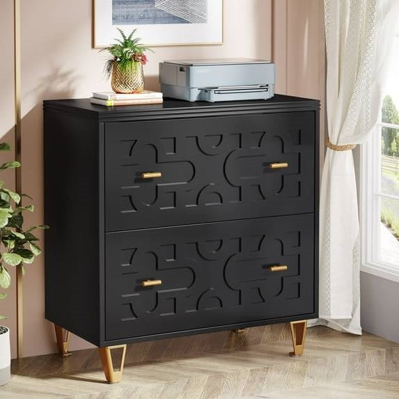 Retro Black/Gold Geometric Scroll 2 Drawer Filing Cabinet Printer Stand