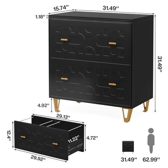 Retro Black/Gold Geometric Scroll 2 Drawer Filing Cabinet Printer Stand
