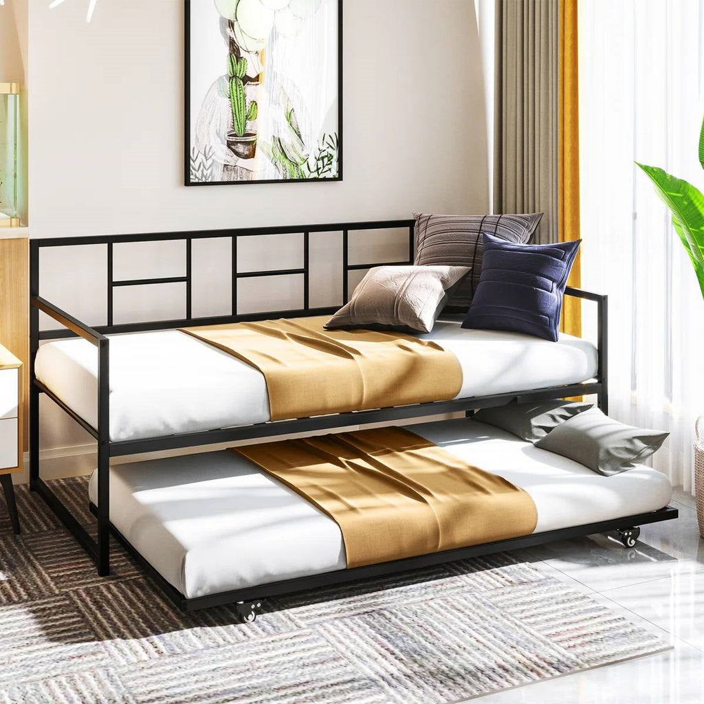 Twin size Black Metal Daybed Frame with Roll Out Trundle Bed Frame