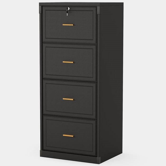 Vertical File Cabinet in Black Wood Finish with 4 Lockable Storage Drawers