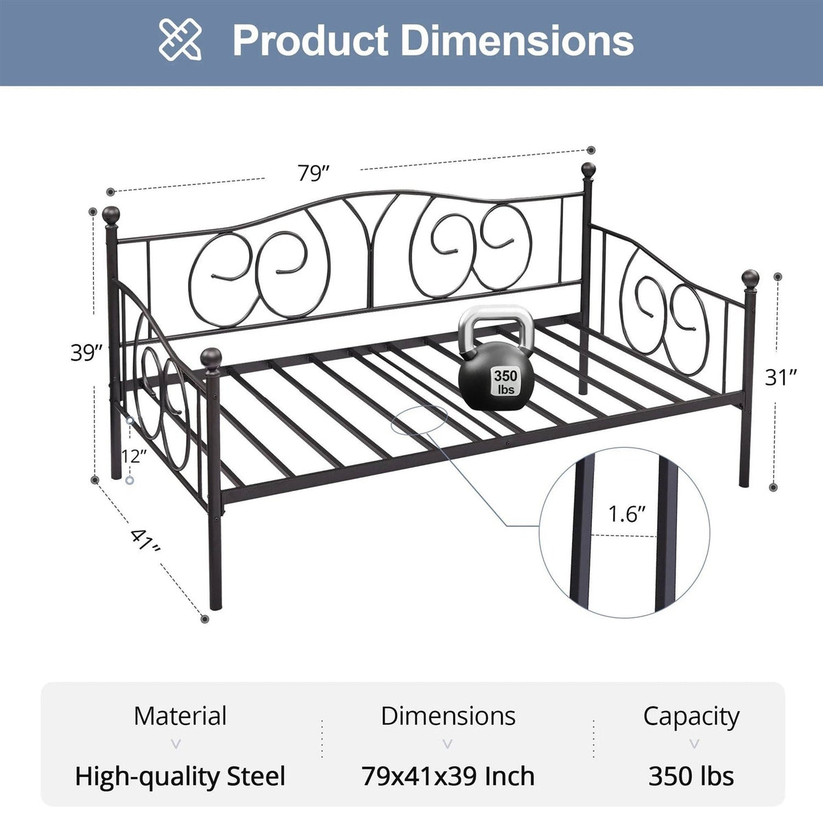 Twin size Victorian Black Metal Daybed Frame - 350 lbs. Weight Capacity