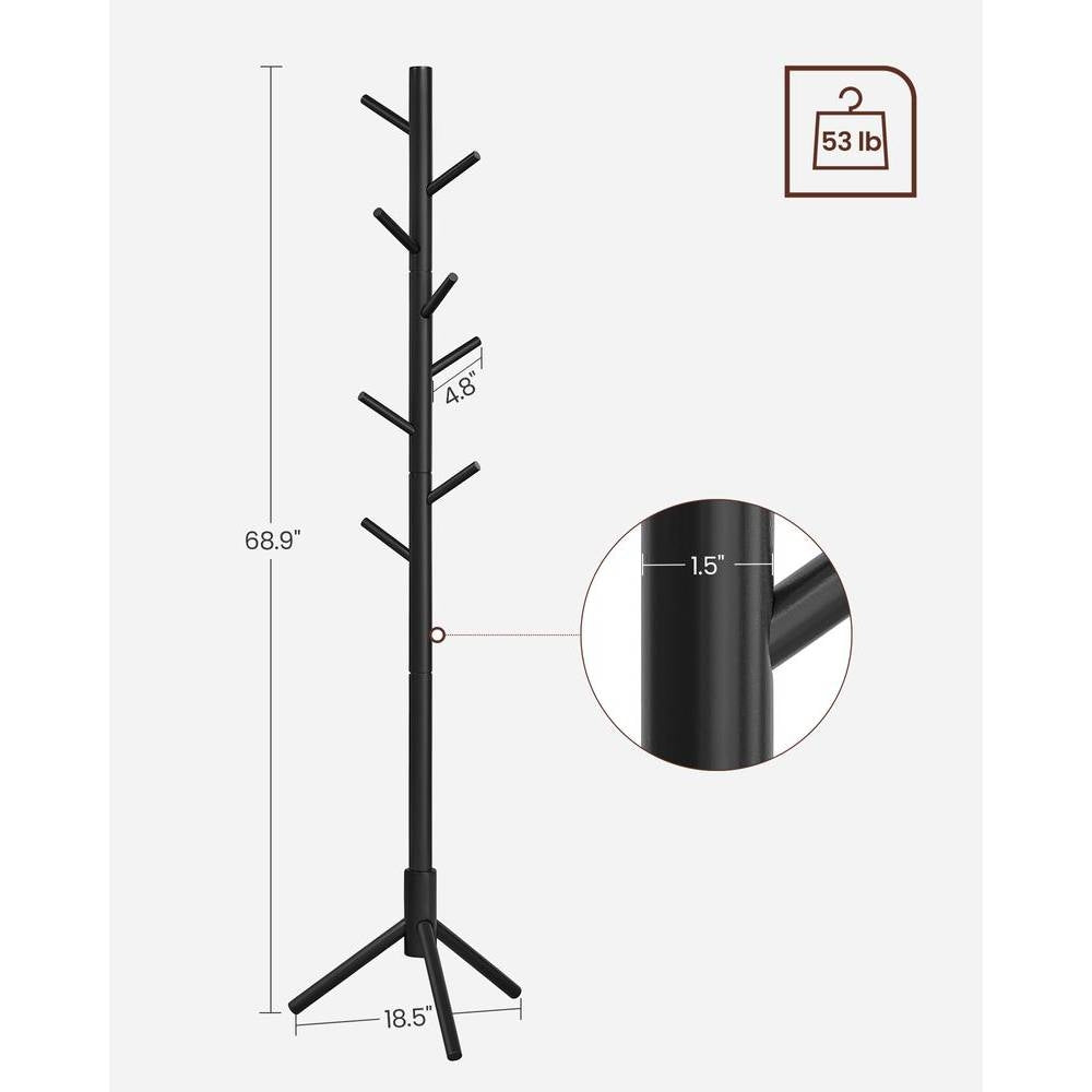 Modern Solid Wood Coat Rack in Black Finish with 8 Hanging Hooks