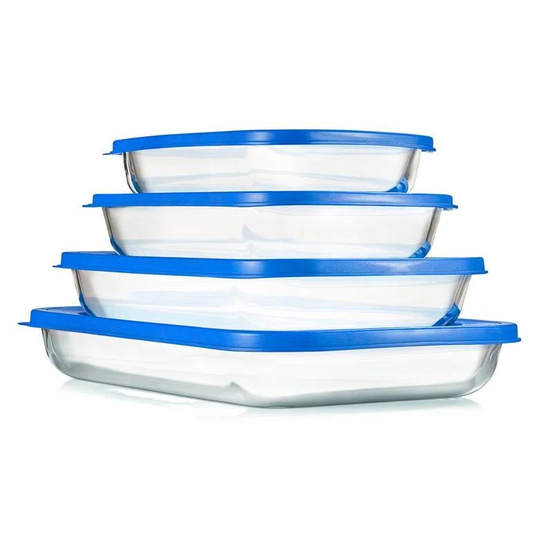 Set of 4 - Rectangular Oven Safe Glass Bakeware Set with Blue Plastic Lids