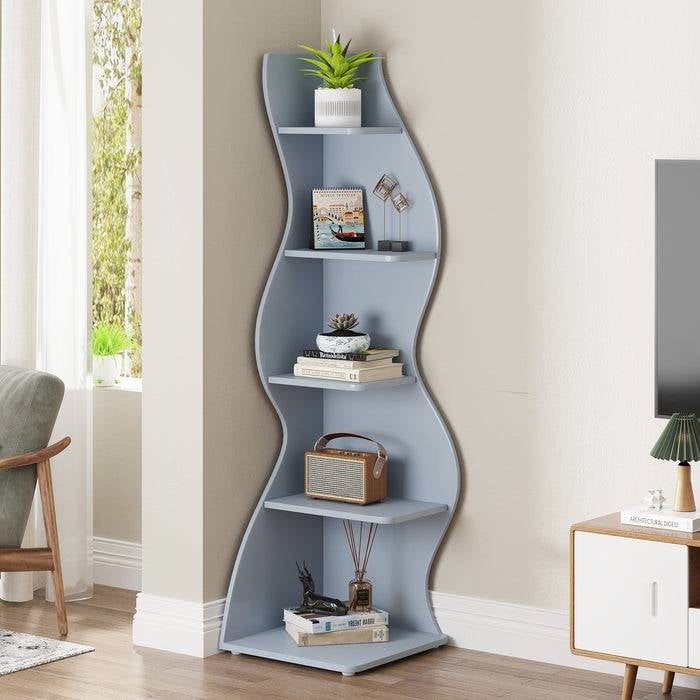 Modern Whimsical 5 Shelf Corner Bookcase Stand Blue Wood Finish