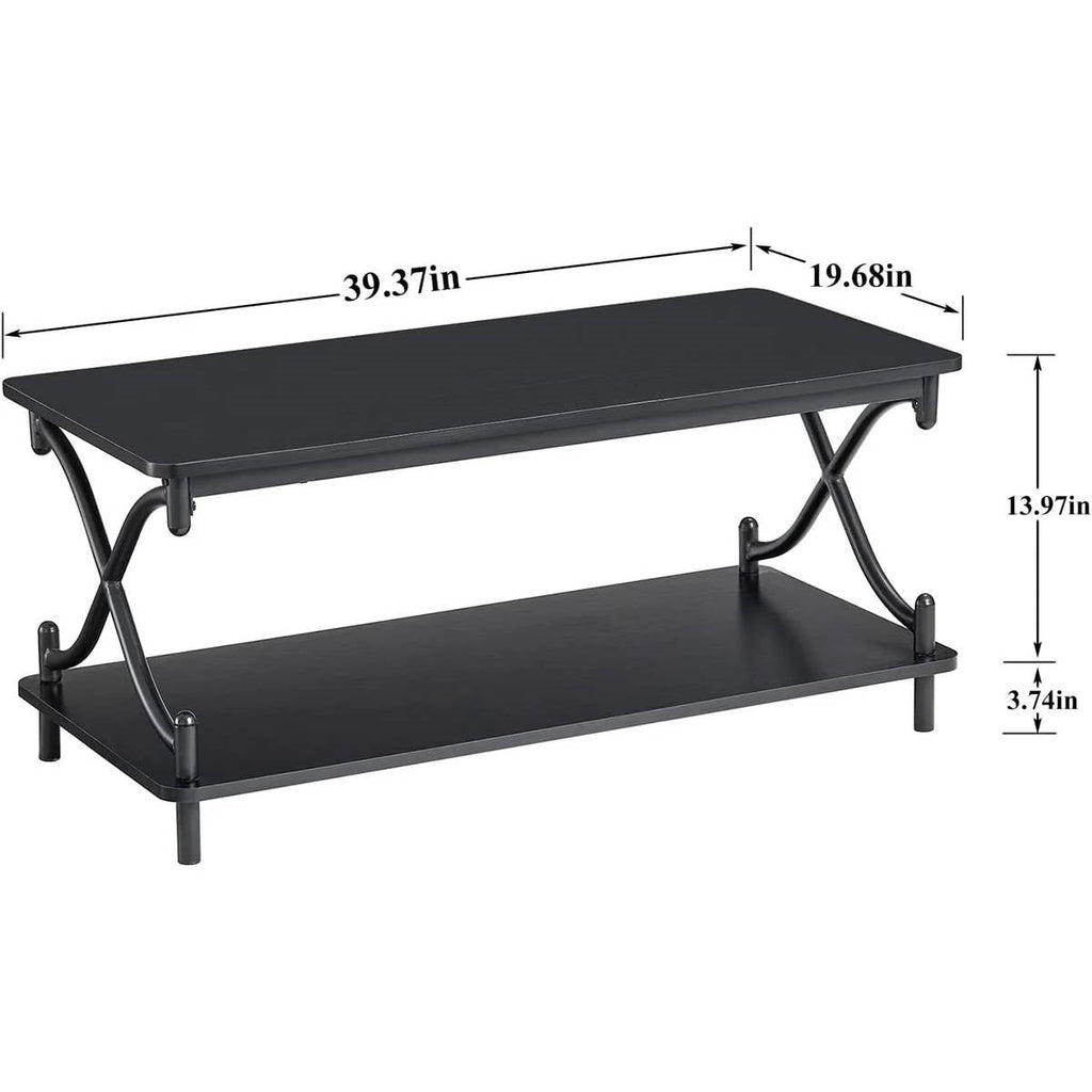 Modern Industrial Black Metal Wood Coffee Table with Bottom Storage Shelf