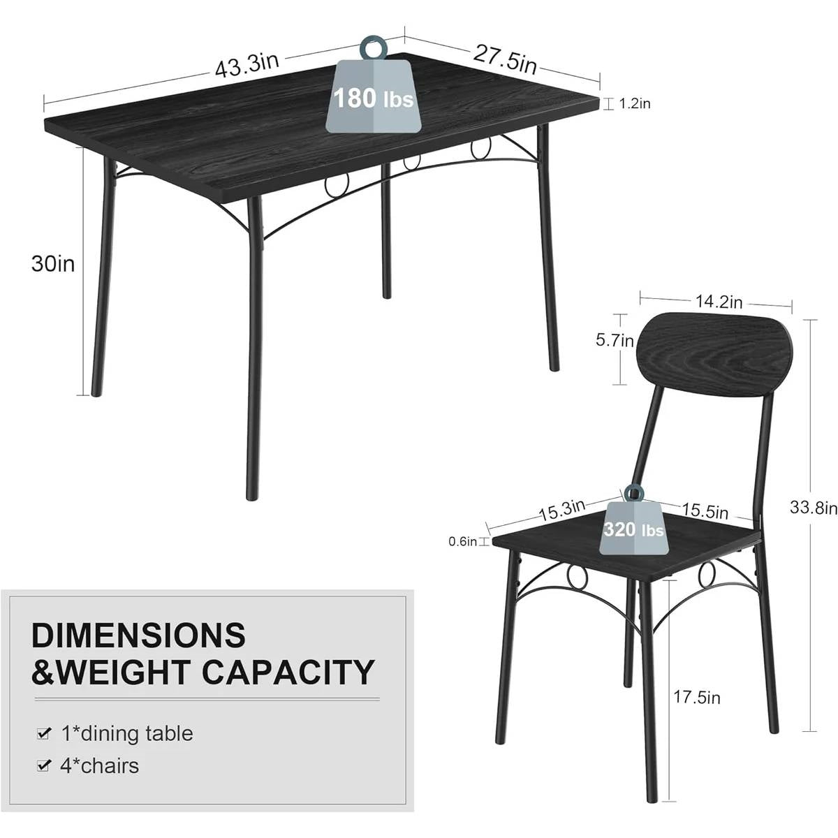 Modern 5-Piece Dining Set with Black Wood-Top Table and 4 Chairs