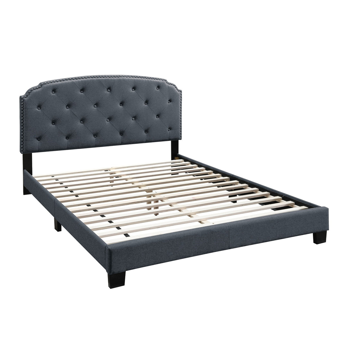 Full Bed With Button Tufted Scalloped Headboard, Gray