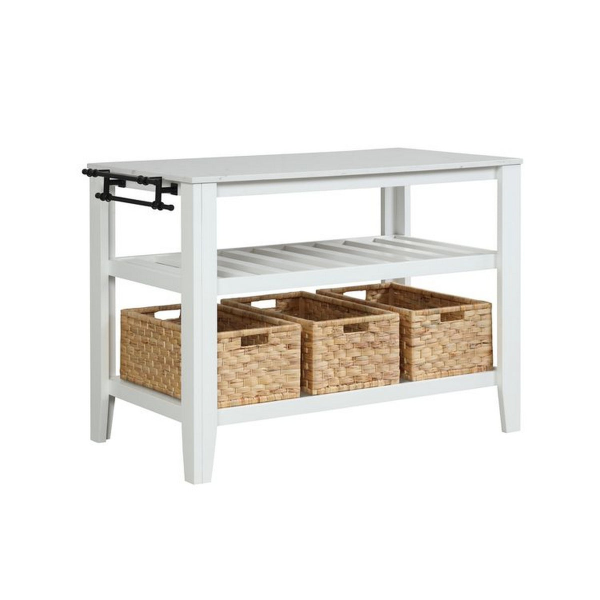 3 Tier Kitchen Island With 3 Seagrass Removable Baskets, White