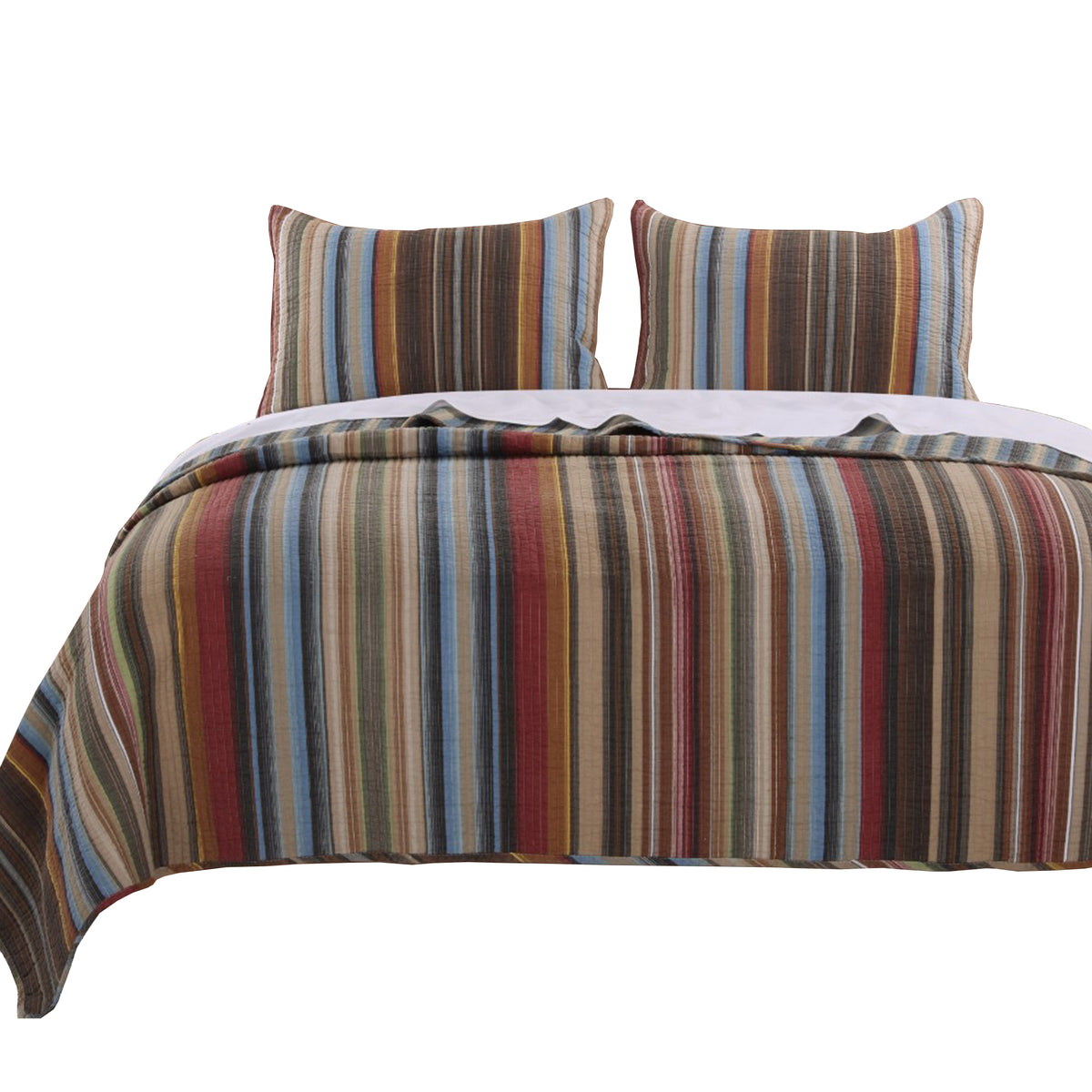 Phoenix Fabric 3 Piece Queen Size Quilt Set With Striped Prints, Multicolor