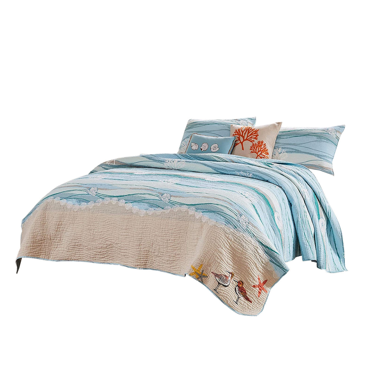 Maritsa Five Piece King Size Fabric Quilt Set With Coastal Prints, Blue