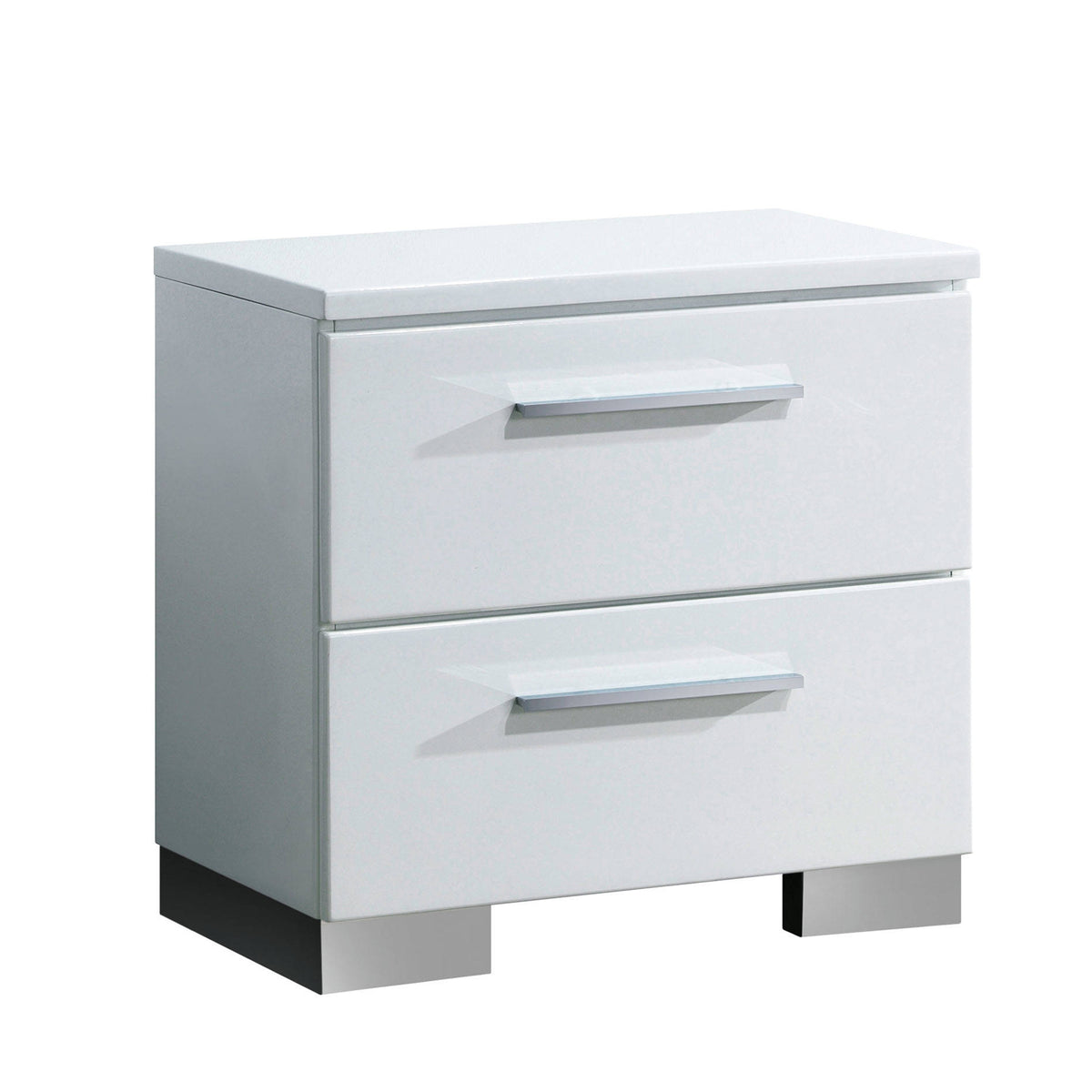2 Drawer Wooden Nightstand With Metal Pulls, Glossy White