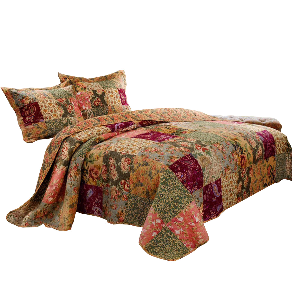 Kamet 3 Piece Fabric Queen Size Quilt Set With Floral Prints, Multicolor